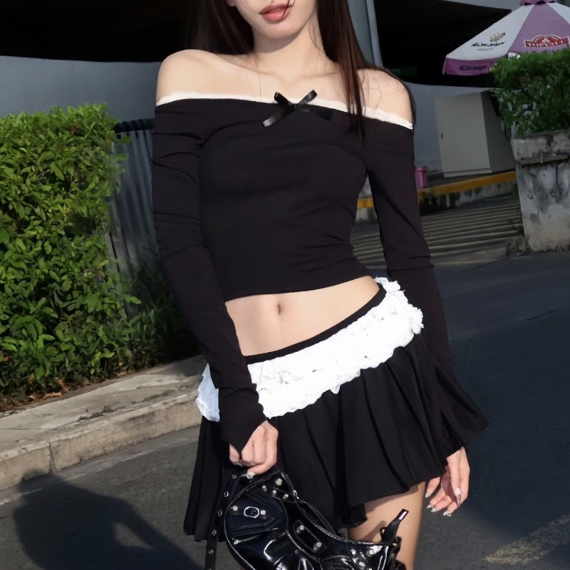 Pure Desire Wind Sweet One Shoulder Bow Long Sleeve Top Half Body Short Skirt Set