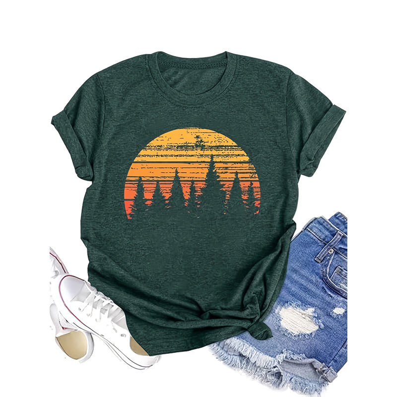 Women's Forest & Sunset Print T-shirt, Casual Short Sleeve Crew Neck Top