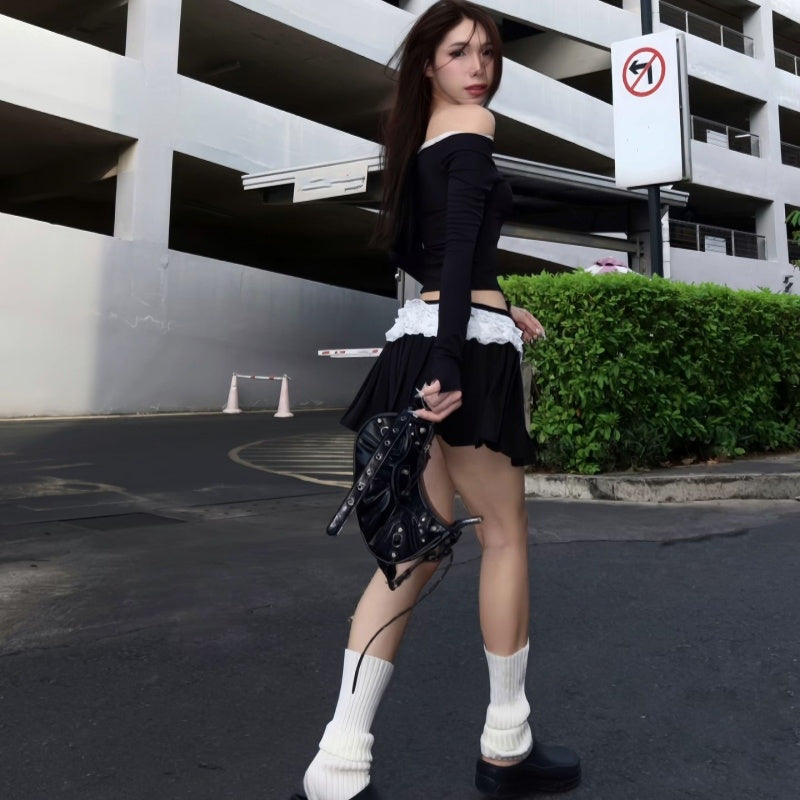 Pure Desire Wind Sweet One Shoulder Bow Long Sleeve Top Half Body Short Skirt Set