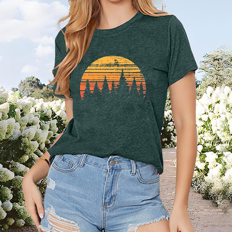 Women's Forest & Sunset Print T-shirt, Casual Short Sleeve Crew Neck Top