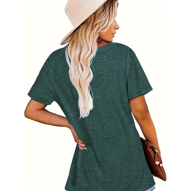 Women's Forest & Sunset Print T-shirt, Casual Short Sleeve Crew Neck Top