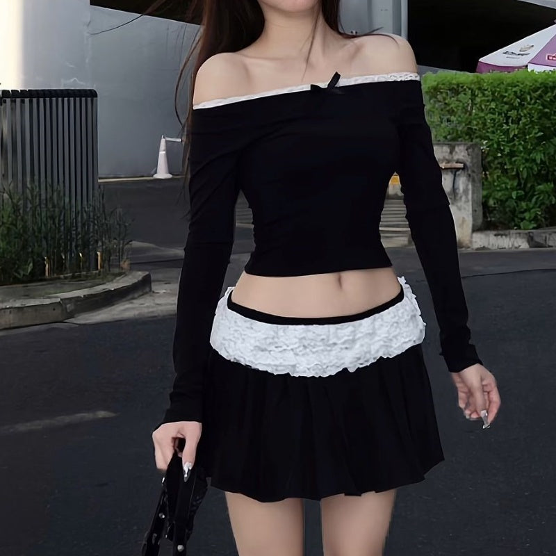 Pure Desire Wind Sweet One Shoulder Bow Long Sleeve Top Half Body Short Skirt Set