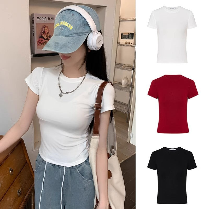 Tight Waist Shoulder T-shirt Top Short Sleeve