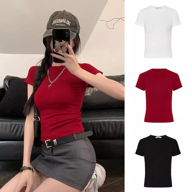 Tight Waist Shoulder T-shirt Top Short Sleeve