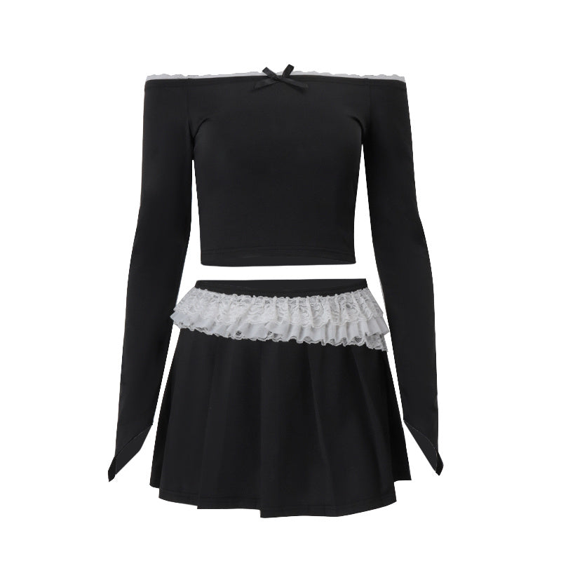 Pure Desire Wind Sweet One Shoulder Bow Long Sleeve Top Half Body Short Skirt Set