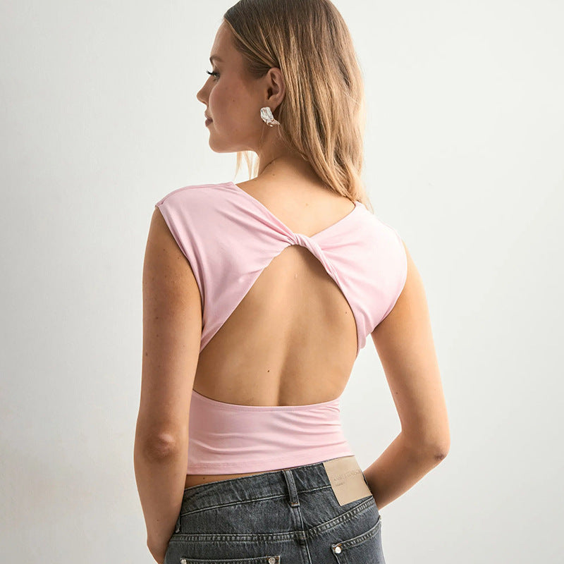 European And American Solid Color Off-neck Backless Slim Fit T-shirt Top