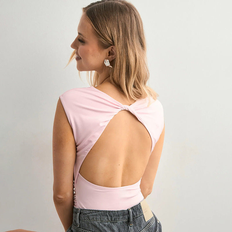 European And American Solid Color Off-neck Backless Slim Fit T-shirt Top