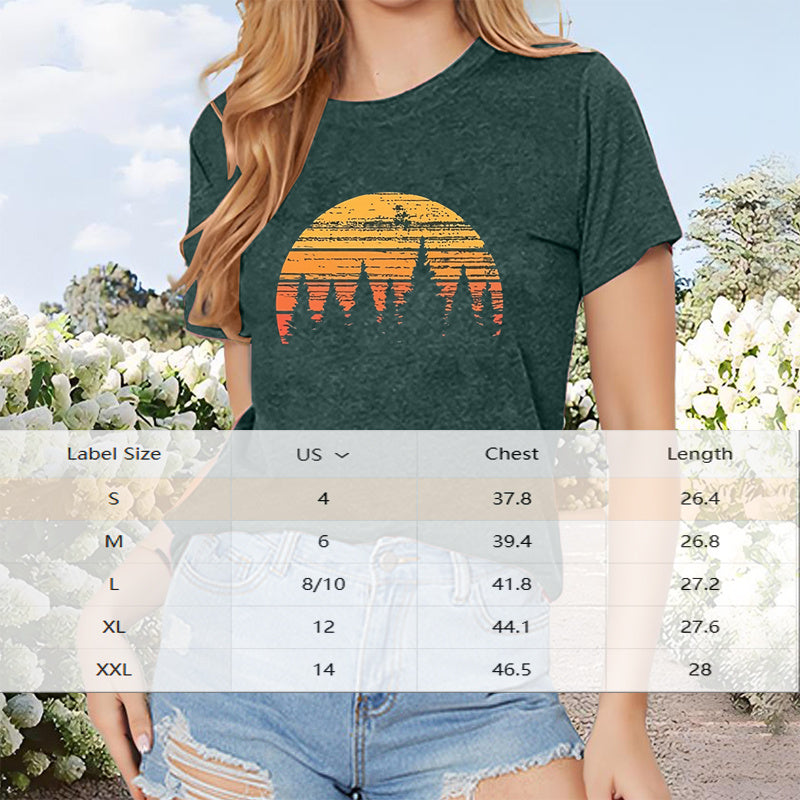 Women's Forest & Sunset Print T-shirt, Casual Short Sleeve Crew Neck Top